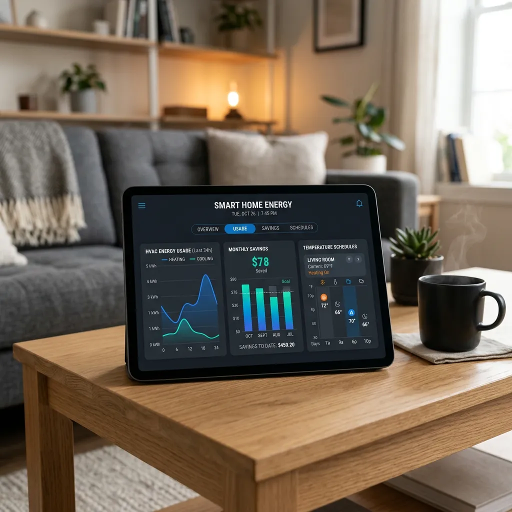 Smart thermostat energy savings dashboard showing monthly cost breakdowns