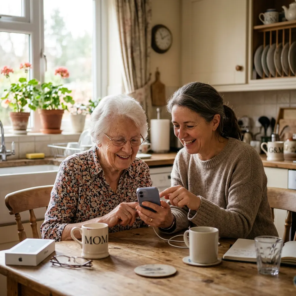 Family member helping a senior set up their cell phone