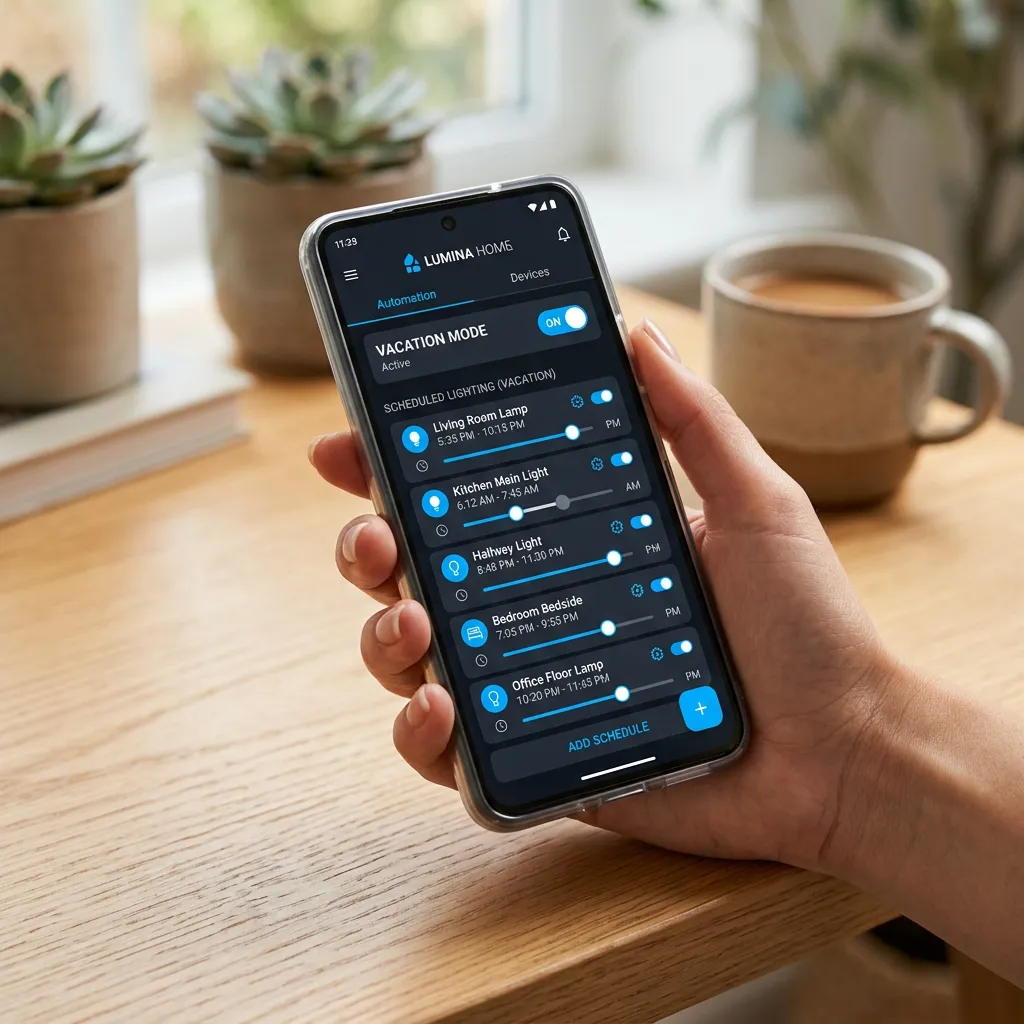 Smart home app showing vacation mode and lighting schedules