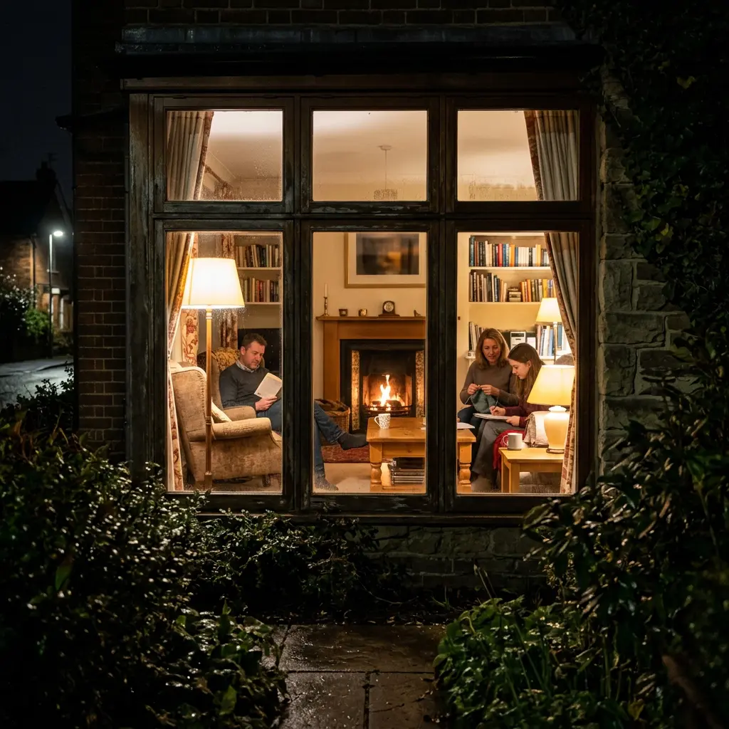 Warmly lit living room at night seen from outside, looking cozy and occupied