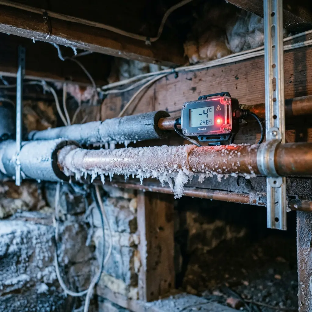 Freeze sensor monitoring pipes in cold weather to prevent frozen pipe damage