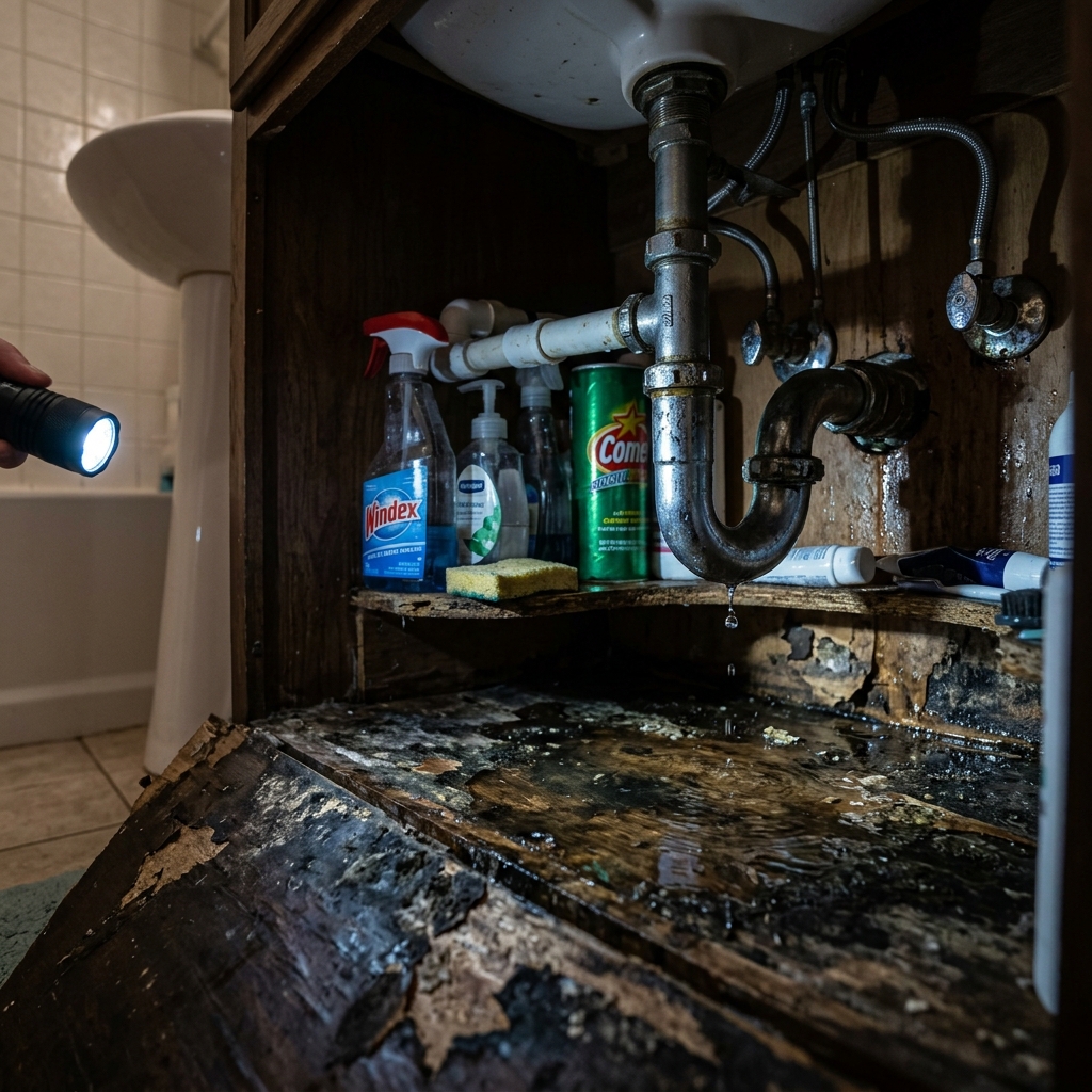 Hidden water leak under bathroom sink causing slow water damage