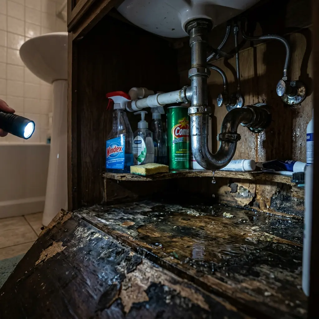 Hidden water leak under bathroom sink causing slow water damage