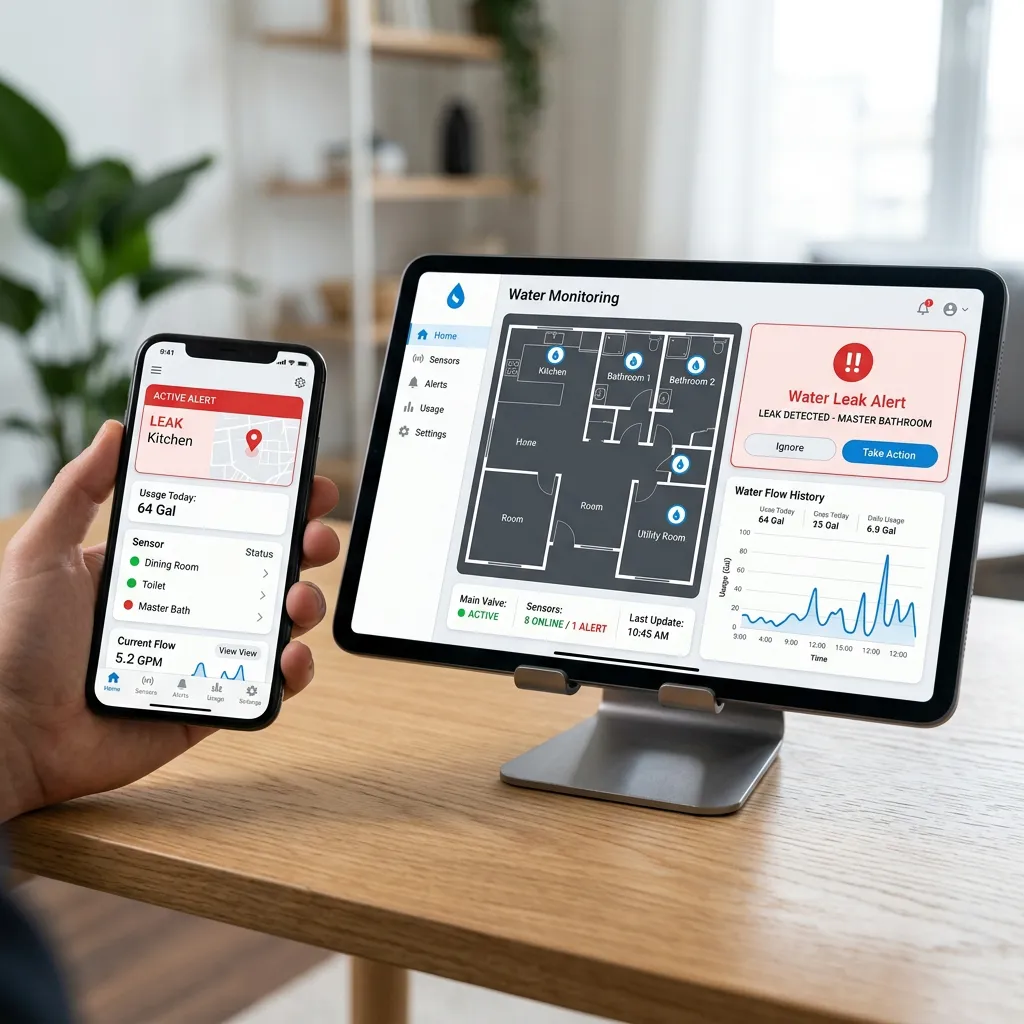 Smart water monitoring dashboard on phone and tablet showing leak alerts and sensor status