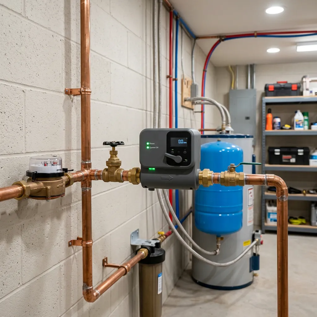 Smart automatic water shutoff valve professionally installed on main residential water supply line